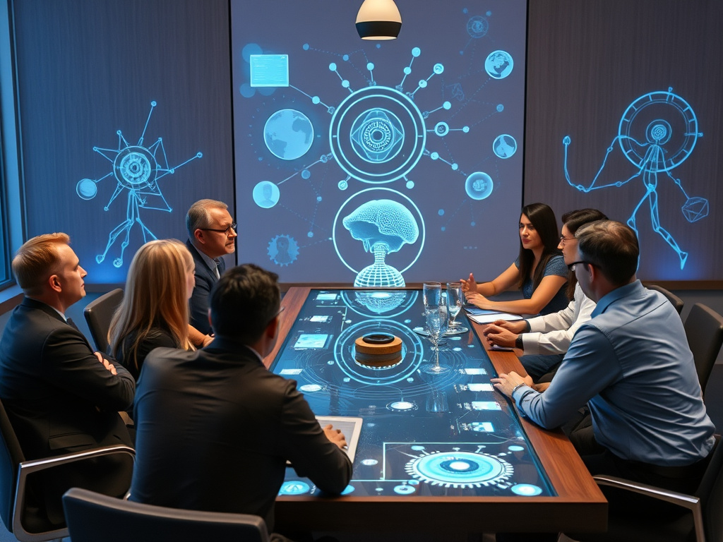 a group of diverse stakeholders discussing AI governance around a table with holographic displays
