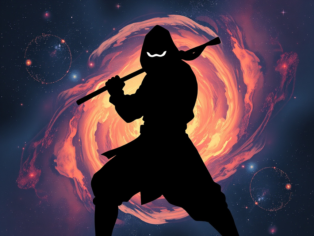 abstract illustration of a ninja silhouette against a swirling galaxy background, corporate design