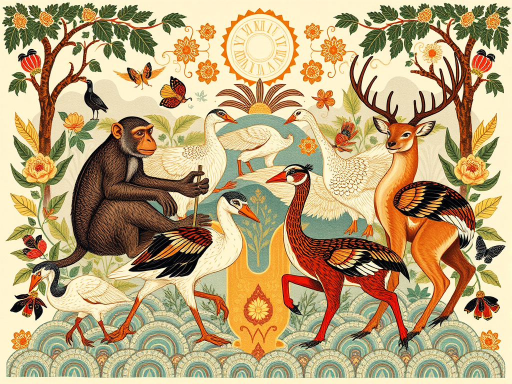 a montage of traditional Indonesian art depicting monkeys, geese, and deer, interwoven with symbols of ancient mythology, corporate design