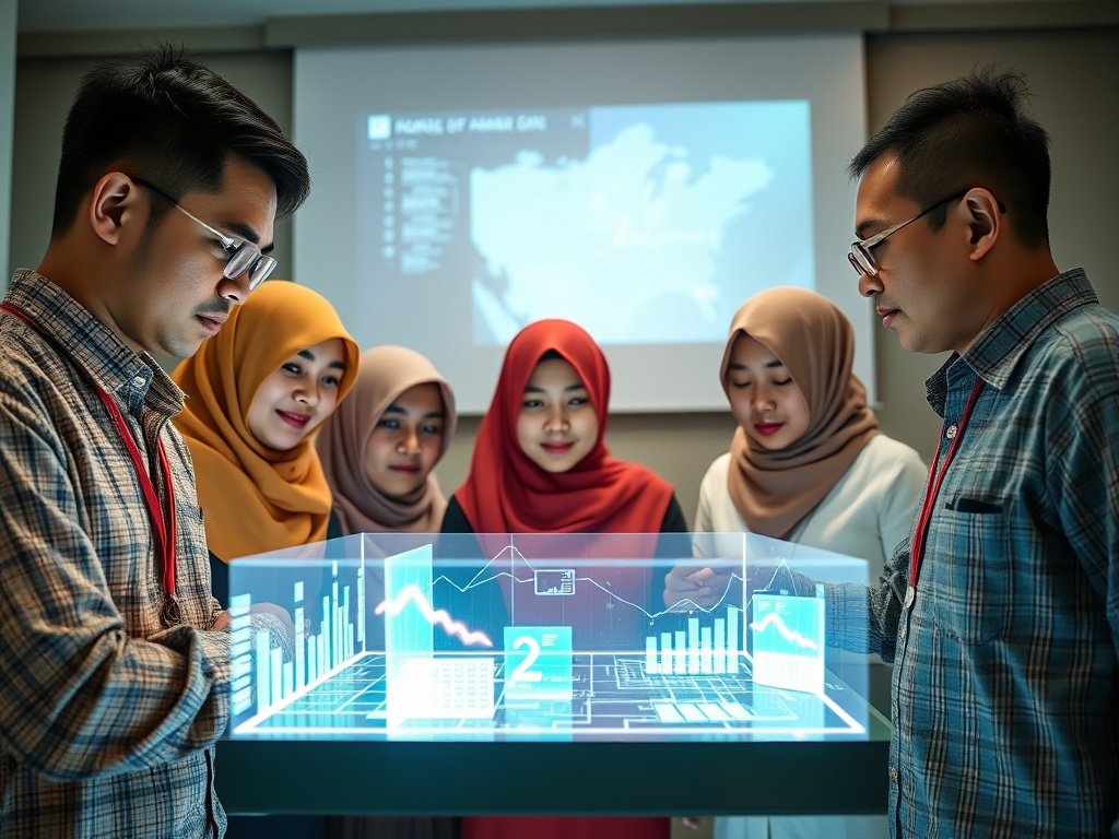a group of Indonesian professionals collaborating on a project using a holographic display of data