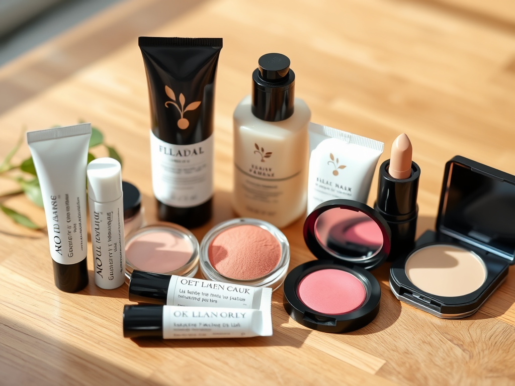 assortment of natural makeup products, including lip balm, blush, and foundation, arranged on a wooden surface, soft natural lighting, corporate style