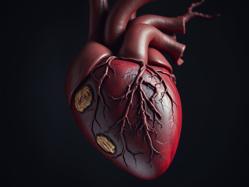 a human heart with visible arteries, some of which are blocked by plaque, muted color palette