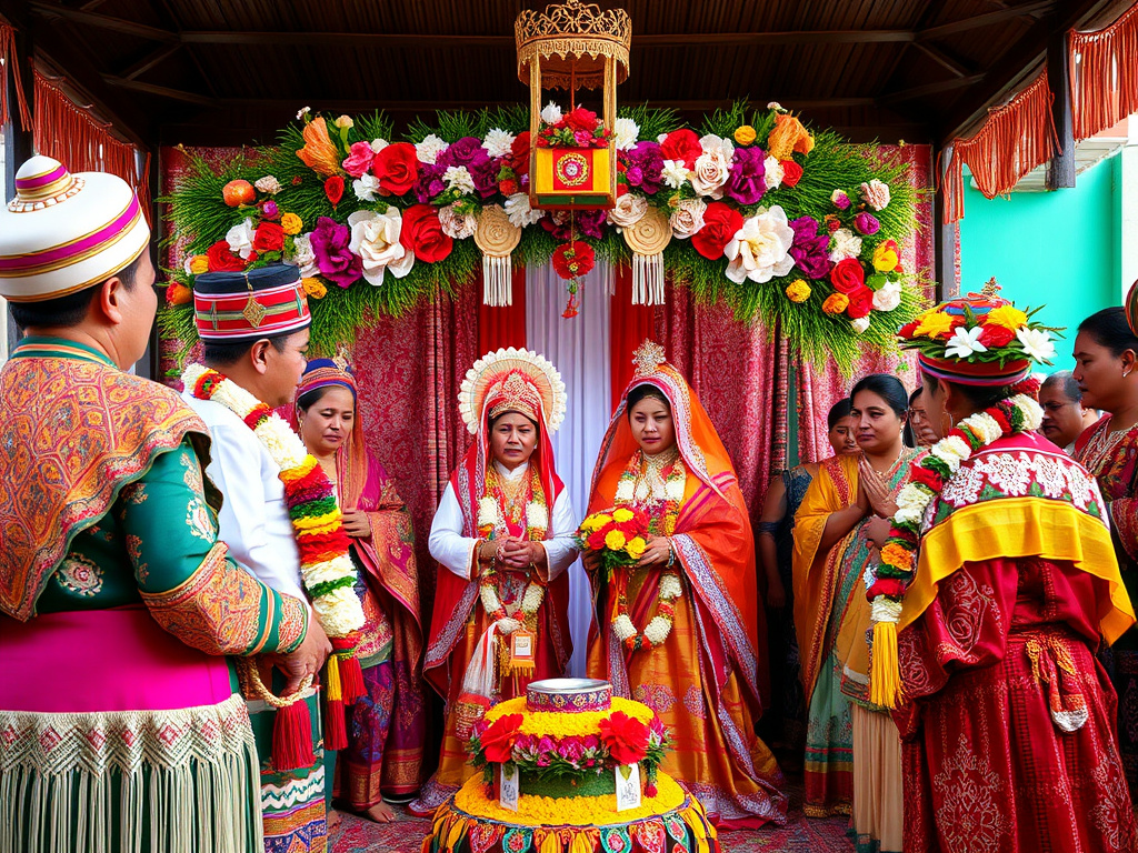 a vibrant scene of a traditional Bajo wedding ceremony, with colorful textiles and intricate decorations