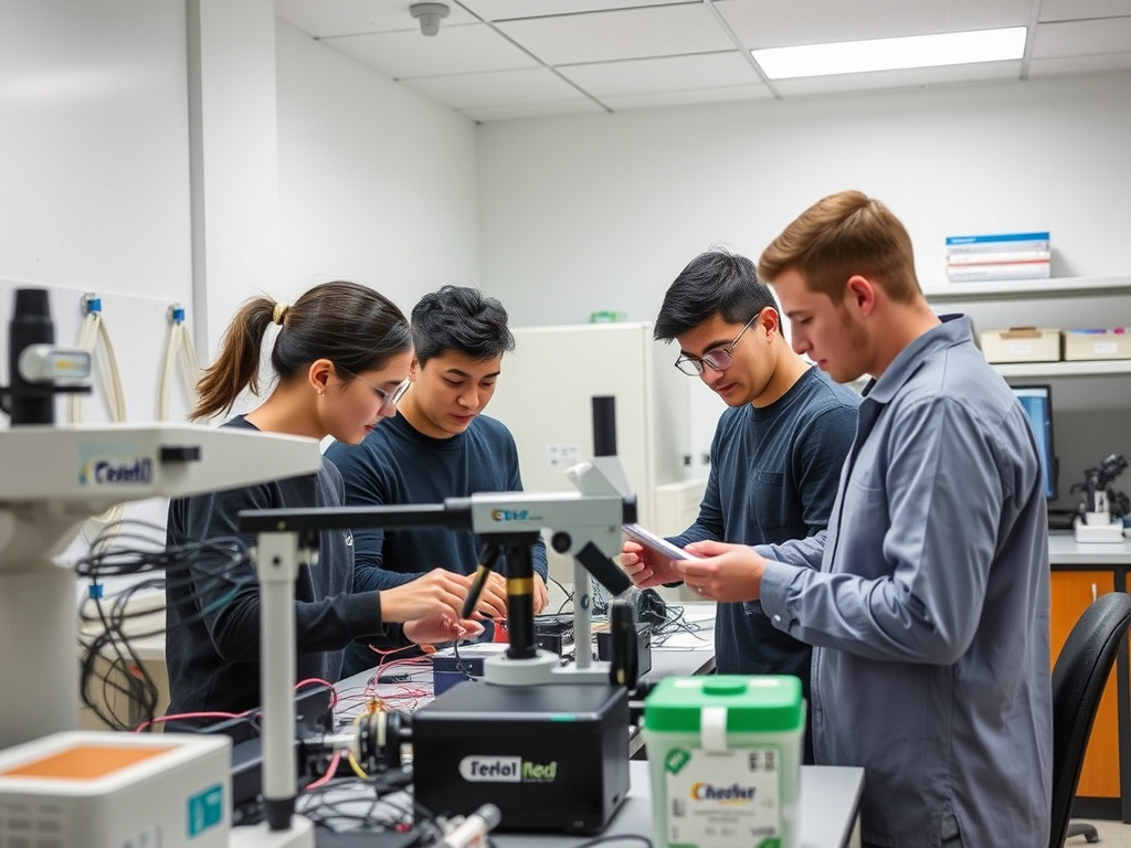 students collaborating in a biomedical engineering lab, using advanced equipment, corporate design