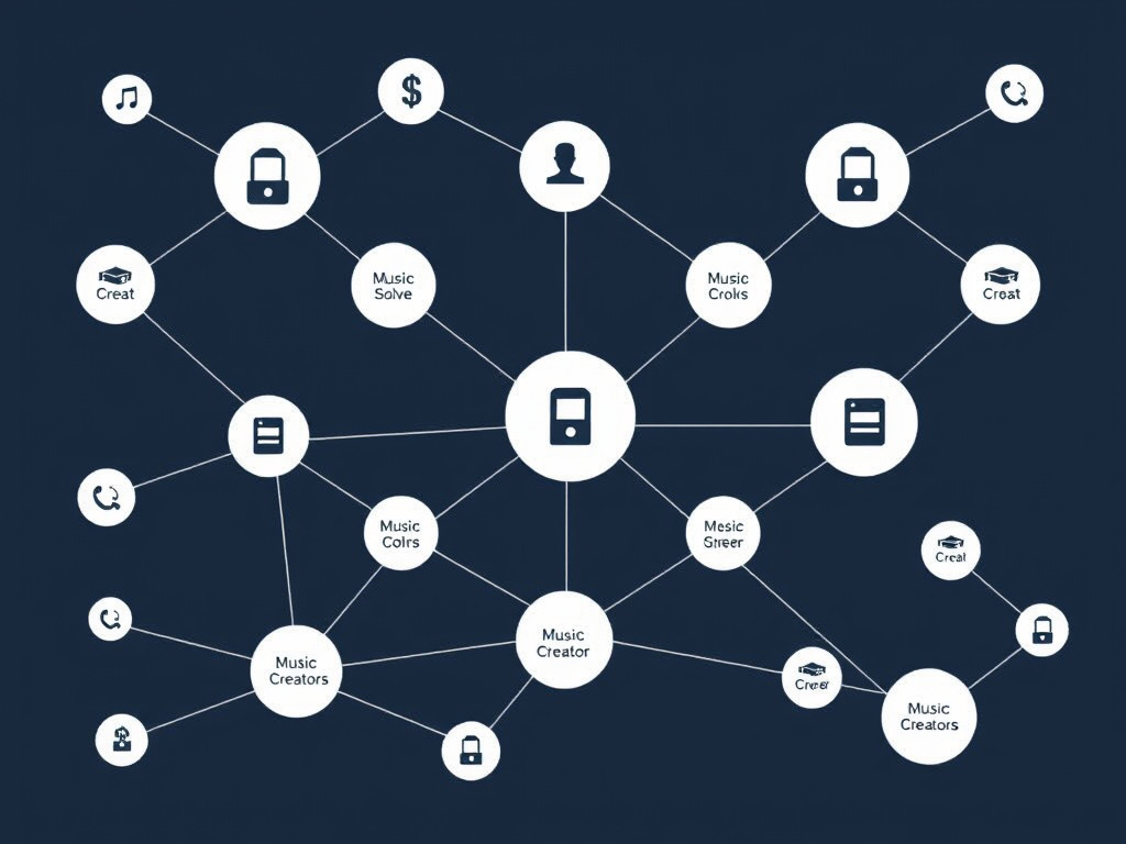 a network of interconnected nodes representing the flow of royalties from various sources to music creators