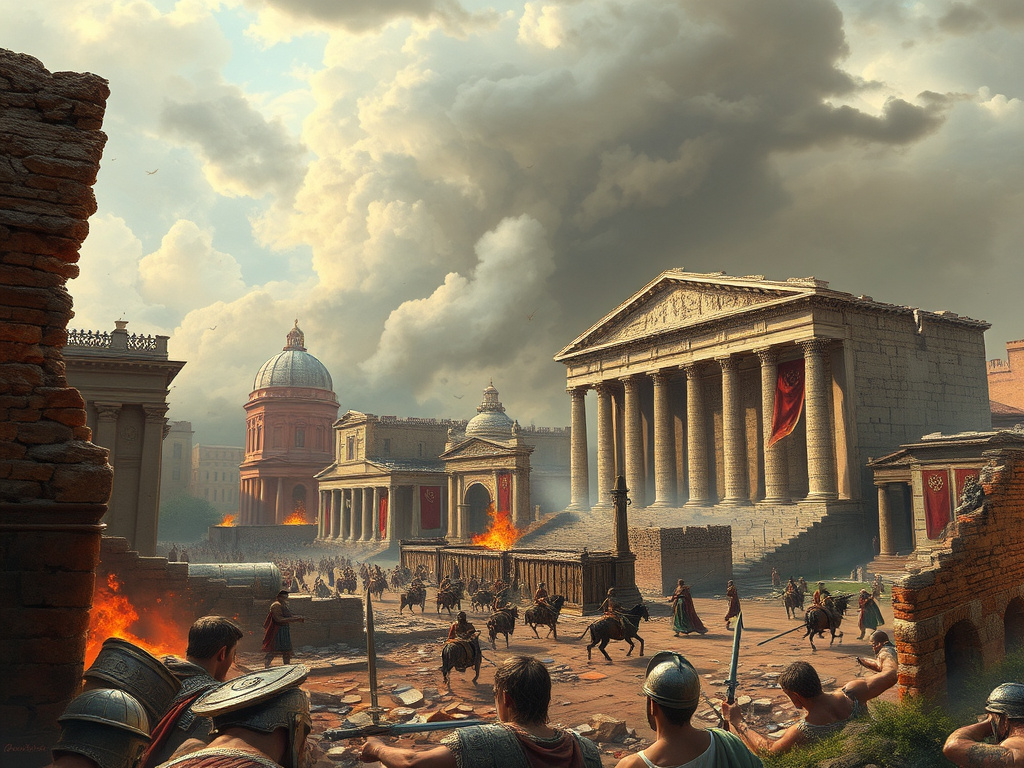 a dramatic depiction of the fall of rome, with barbarian invasions and crumbling structures