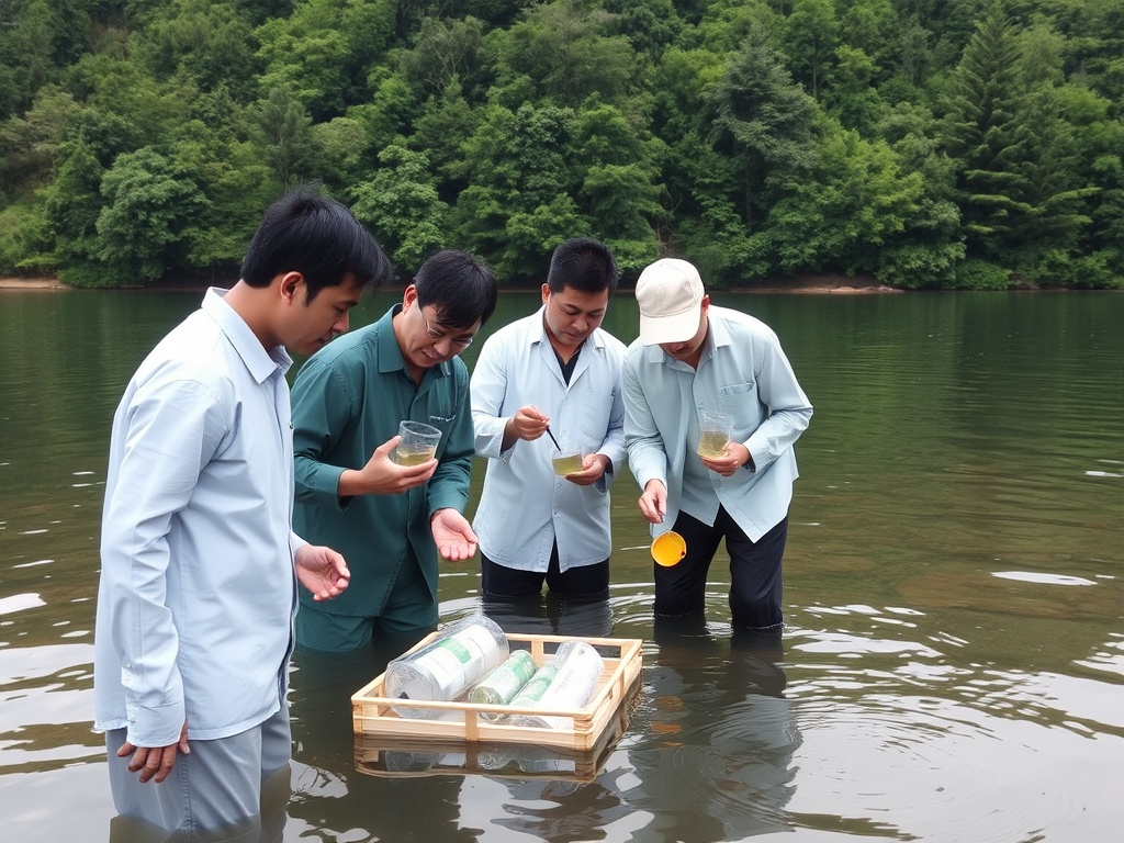 Team of scientists collecting water samples from Lake Toba for analysis, corporate design
