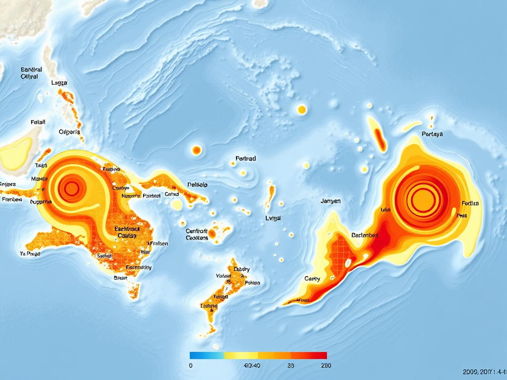 Map highlighting regions prone to earthquakes and tsunamis, with color-coding for risk levels, corporate style