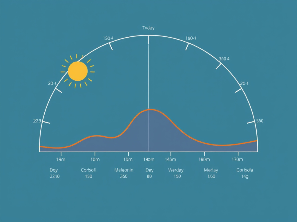 An illustration depicting the circadian rhythm with hormonal fluctuations throughout the day, showing cortisol and melatonin levels, corporate design