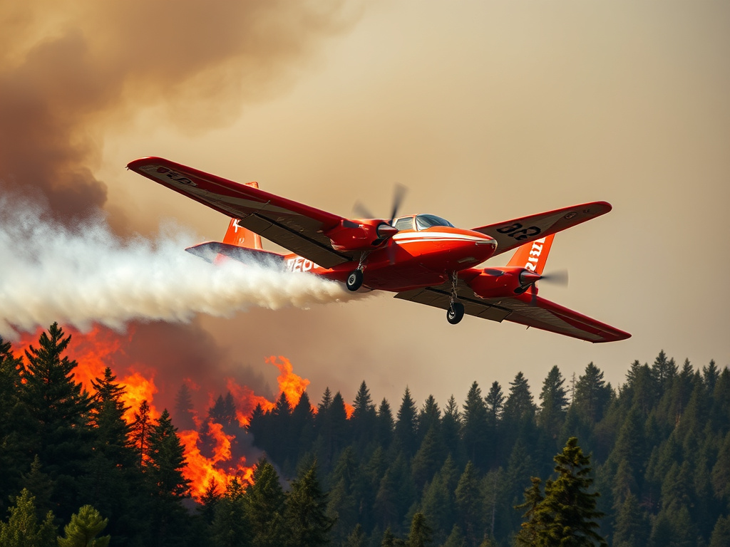 a water bomber airplane dropping water on a forest fire, corporate design