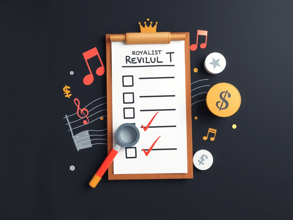 a checklist with musical notes and financial symbols, representing royalty optimization, corporate design
