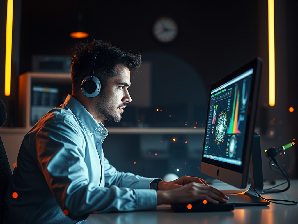 A digital artist working on a computer, creating visual effects for a film, corporate design