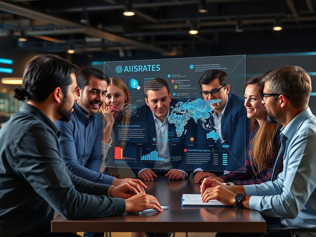 a diverse group of professionals collaborating around a holographic display showing AI-powered data visualizations