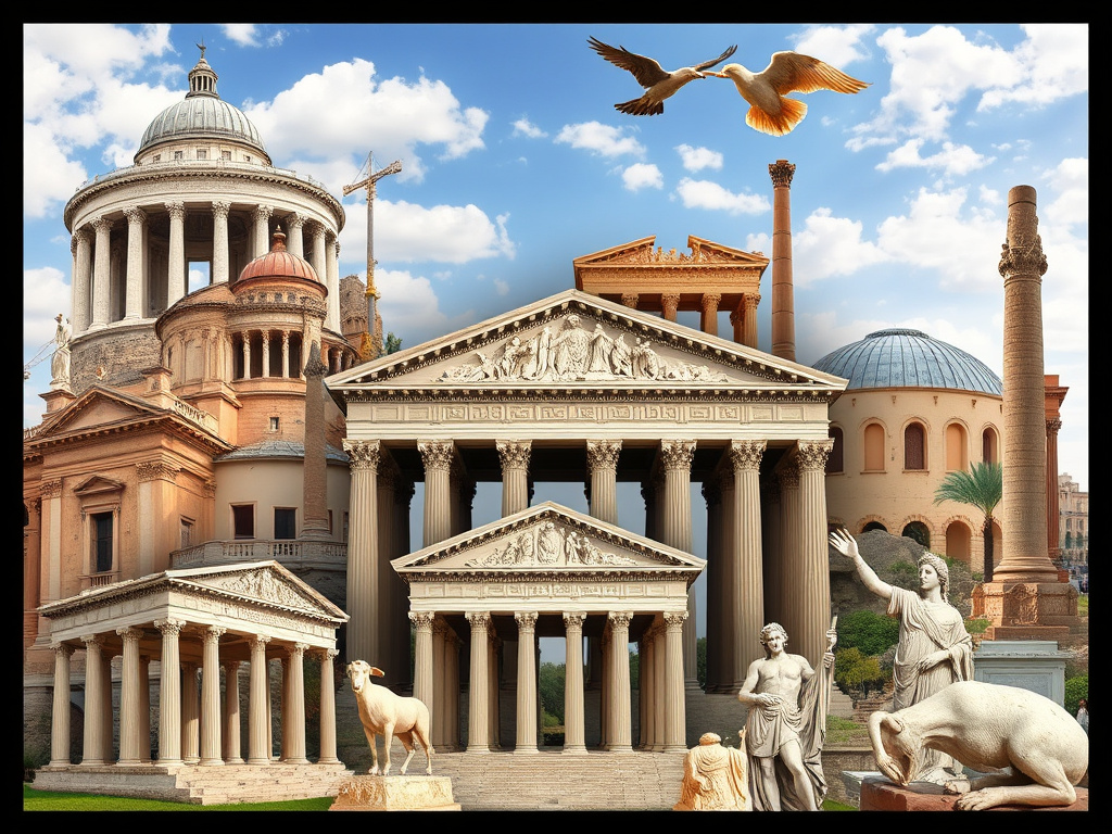 a montage of iconic roman architectural structures and artifacts, representing the lasting legacy of the civilization