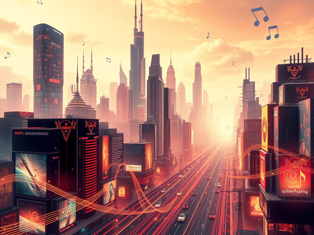 a futuristic cityscape with musical notes flowing through the streets, representing the future of music royalty, corporate design