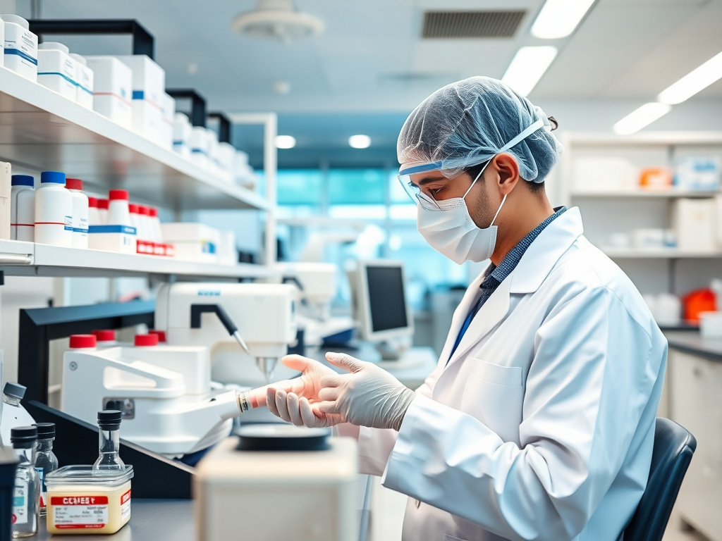 a laboratory technician performing a blood test in a modern medical laboratory, corporate design