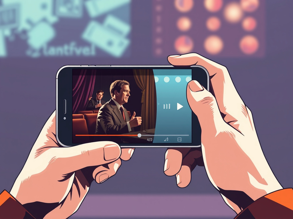 Hands holding a smartphone displaying a streaming video of a classic film, corporate illustration style