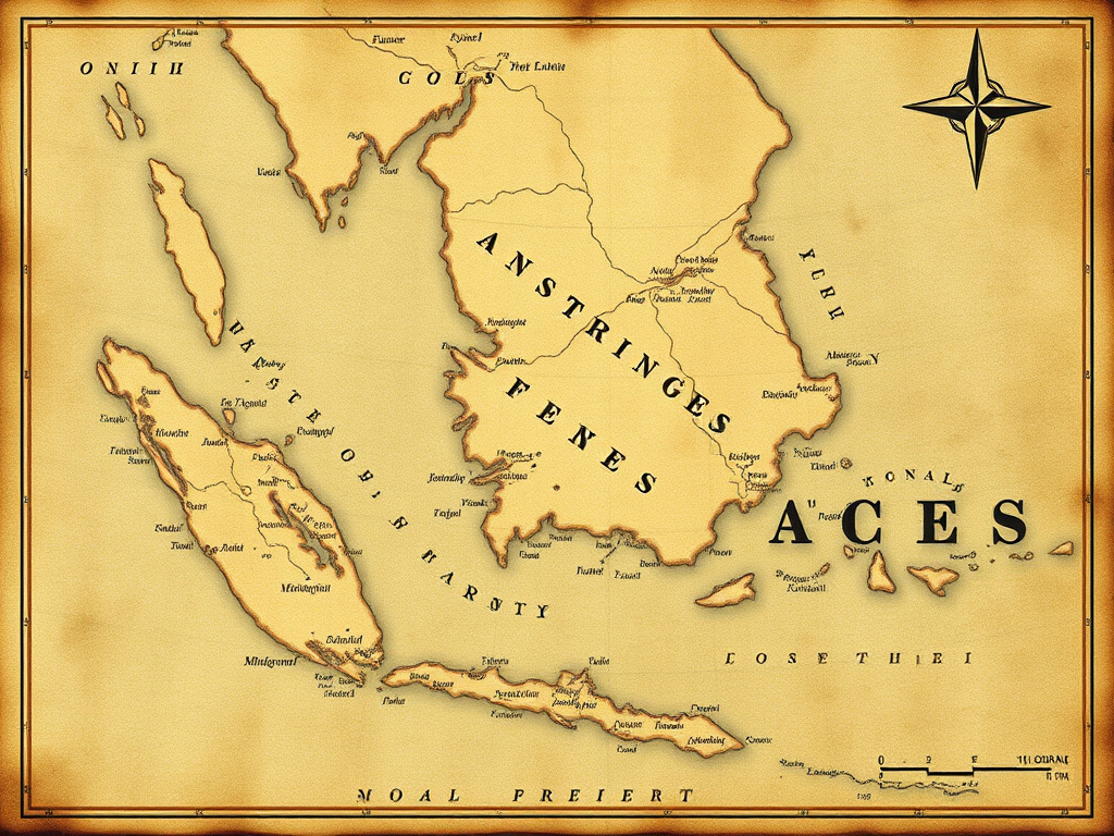 ancient map of the Aceh region, rendered in a vintage style, with stylized coastline