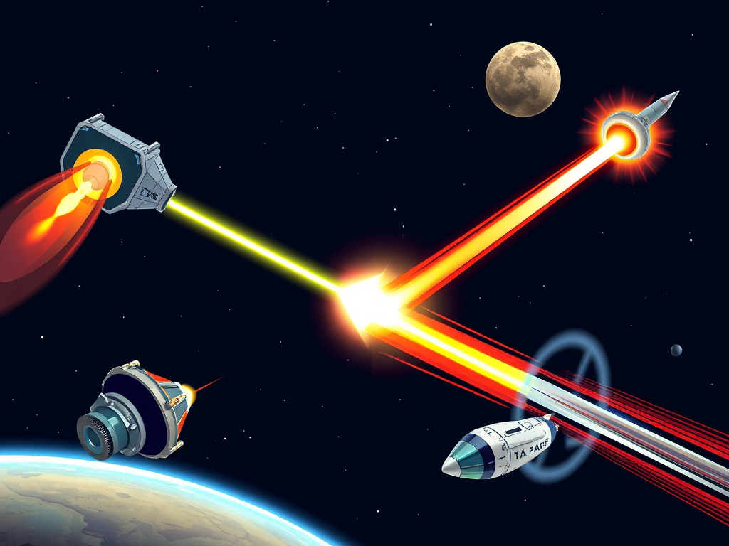 illustration depicting various advanced propulsion systems: nuclear thermal rocket, ion drive, laser propulsion, and a conceptual warp drive, corporate design