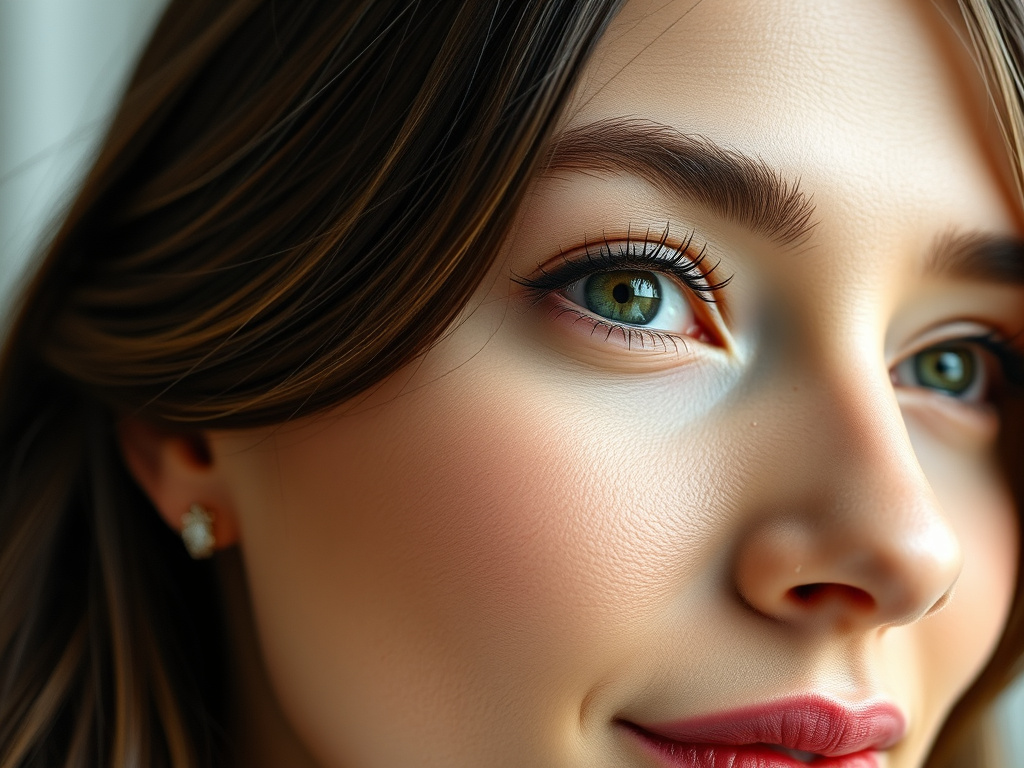 close-up of a woman with healthy glowing skin, minimal natural makeup, soft lighting, corporate style