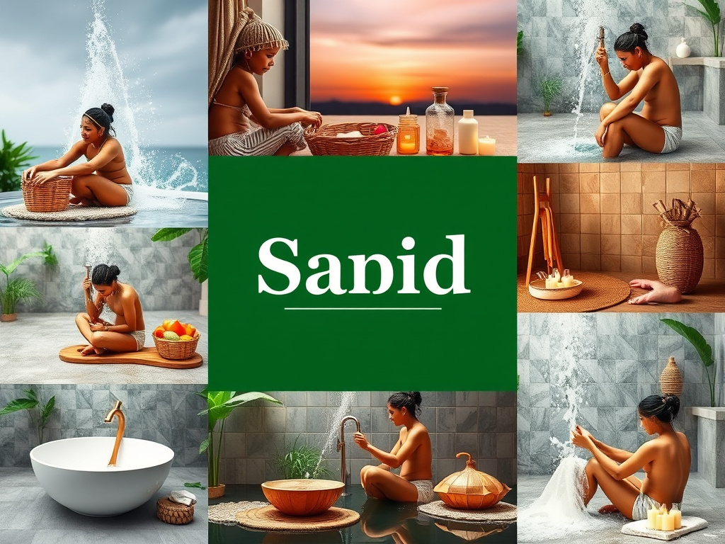 A collage of images representing traditional bathing rituals from various cultures (Indonesia, India, etc.), corporate design