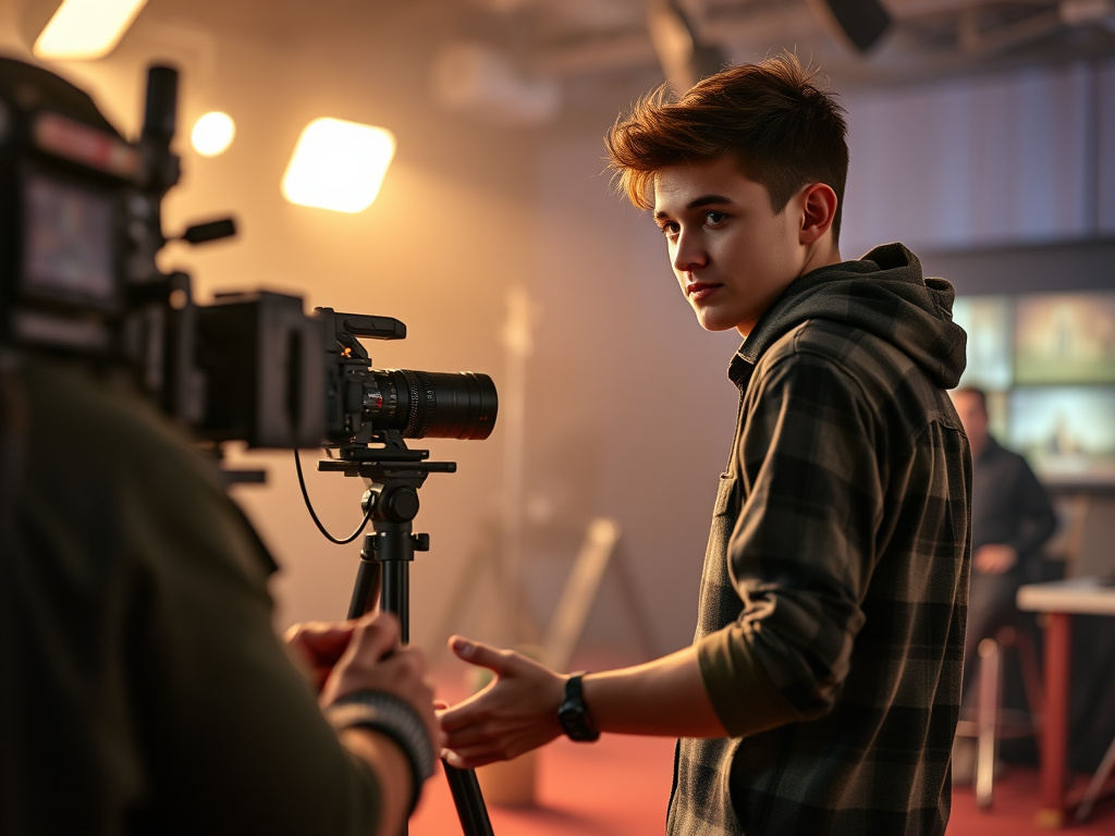 A young filmmaker directing a scene on a movie set, with a focus on collaboration and creativity, corporate visual style