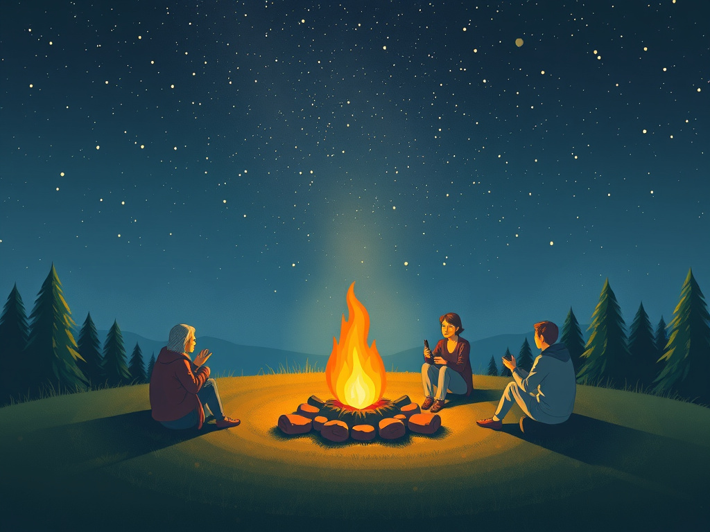 a small campfire with people sitting around it, looking at the stars, corporate illustration