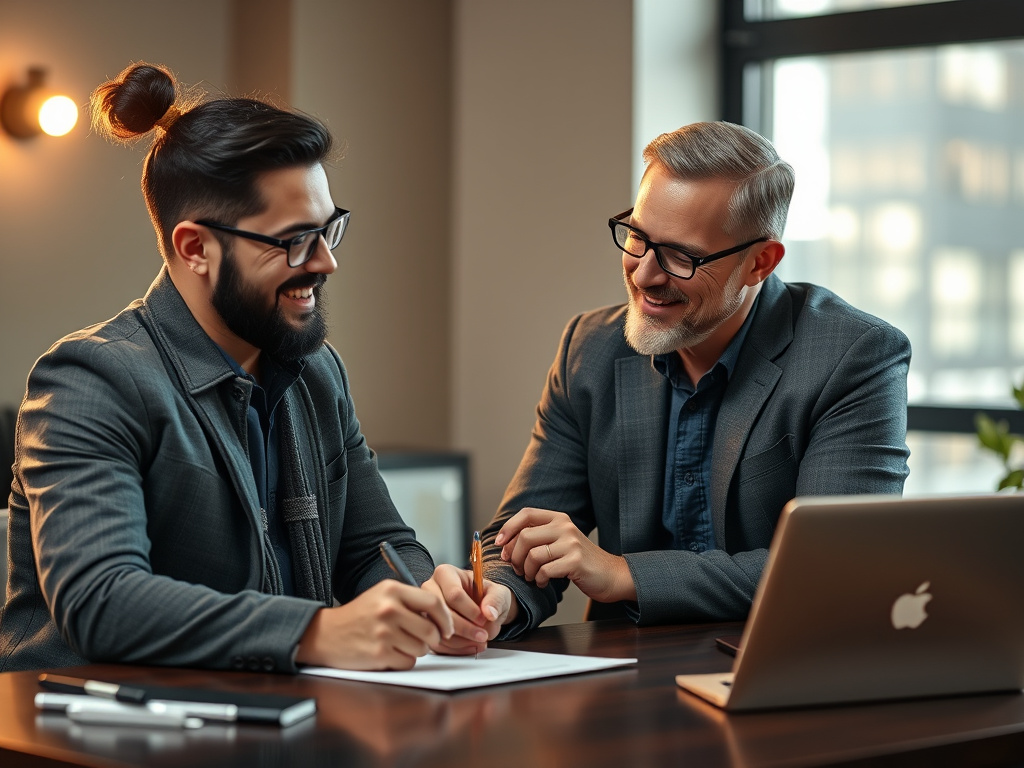 a musician signing a contract with a confident and supportive manager