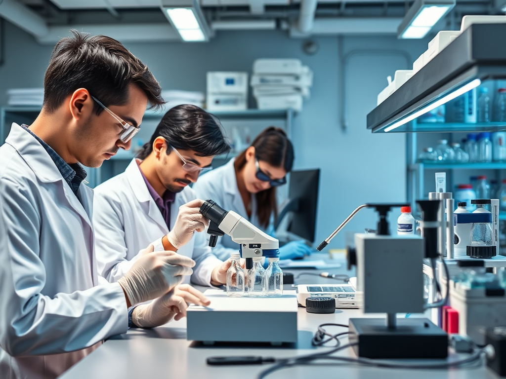 a team of scientists in a lab conducting quality control tests on biomedical devices, corporate design