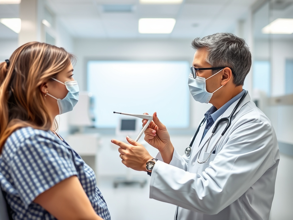 a doctor examining a patient with a thermometer, in a clean hospital environment, corporate design