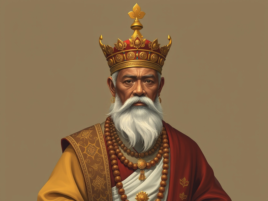 depiction of a sundanese king in royal attire, muted colors, corporate design