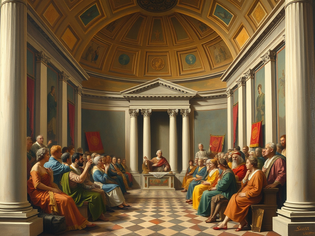 a painting of the roman senate in session, showcasing debate and political decision-making