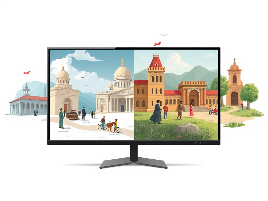 A split screen showing contrasting scenes from different historical periods, corporate design, illustrative
