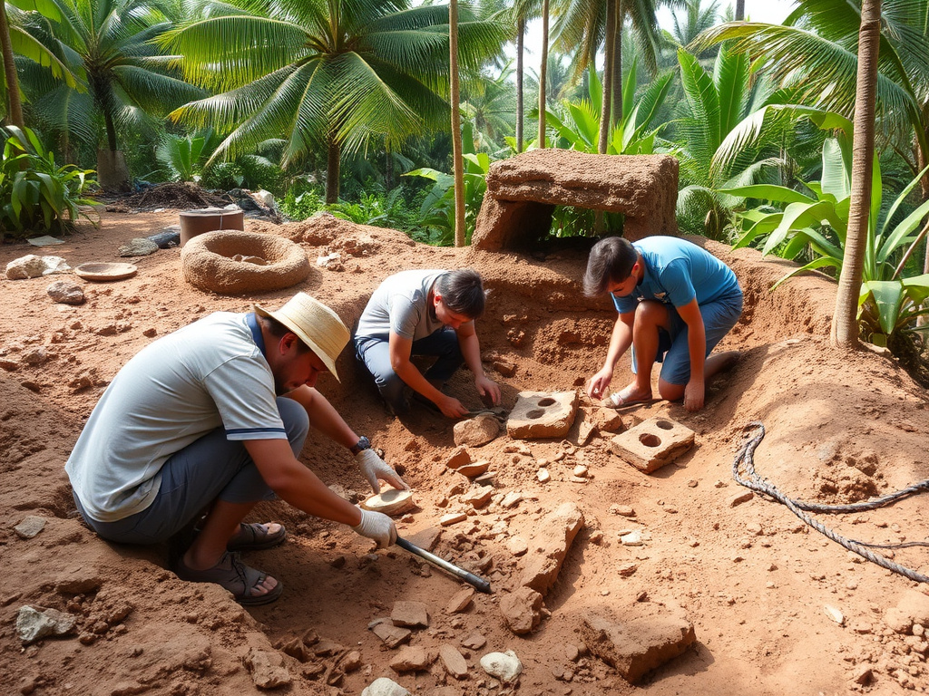 archaeological dig site with researchers carefully excavating ancient artifacts in a tropical setting