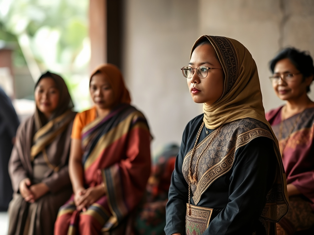 a traditional Javanese family gathering, showing a young Kartini observing from a distance, muted colors, corporate style