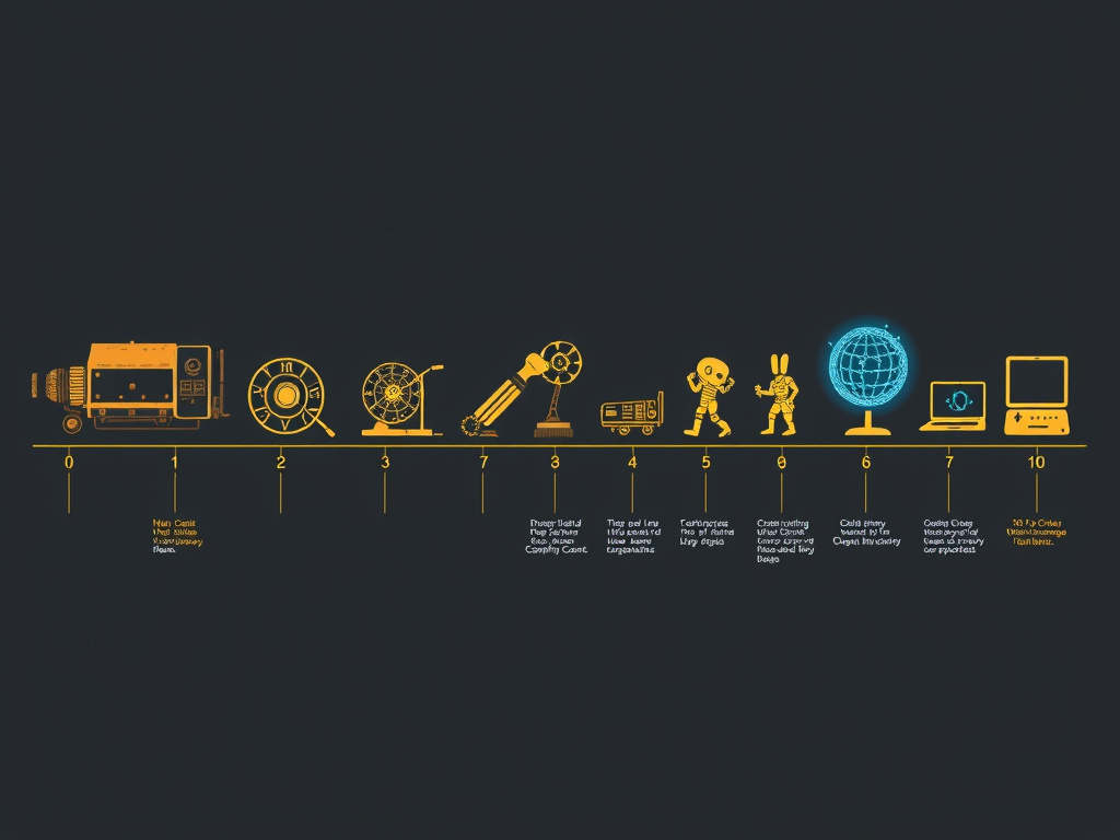 a timeline representing the evolution of technology from ancient mechanical devices to modern computers and AI