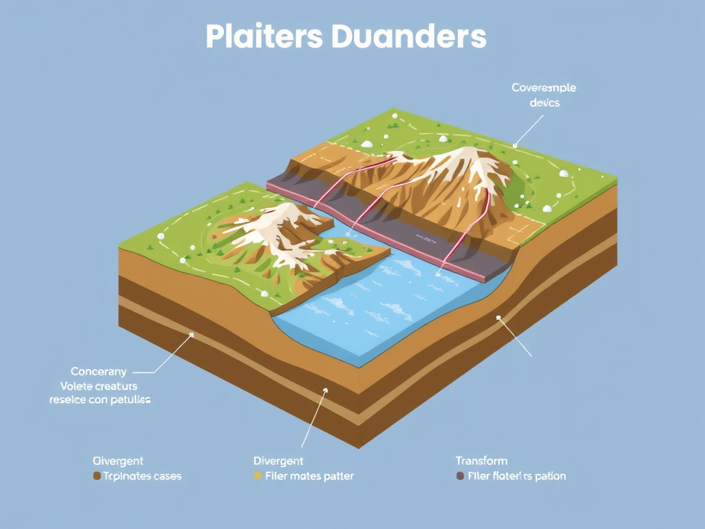 Diagram illustrating different types of plate boundaries (convergent, divergent, transform) with examples, corporate style
