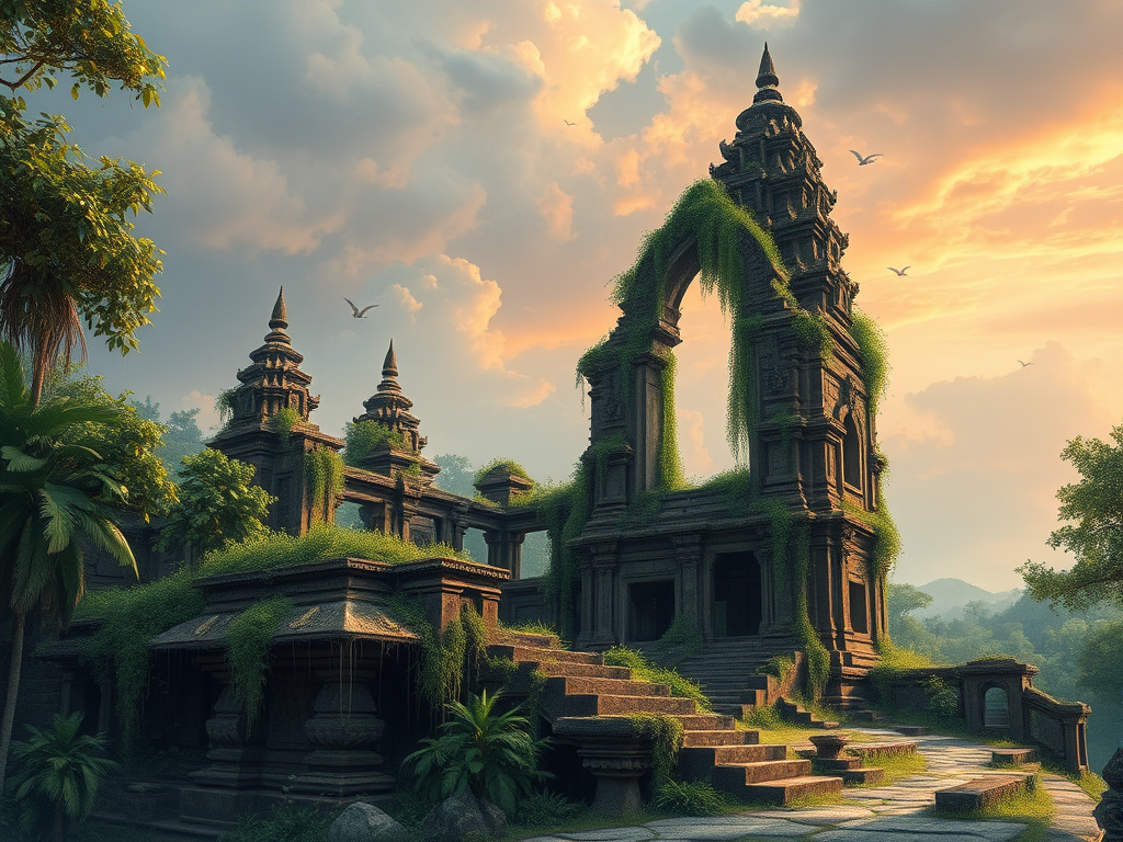 a digital painting of the ruins of an ancient Sundanese temple, overgrown with vegetation, corporate style