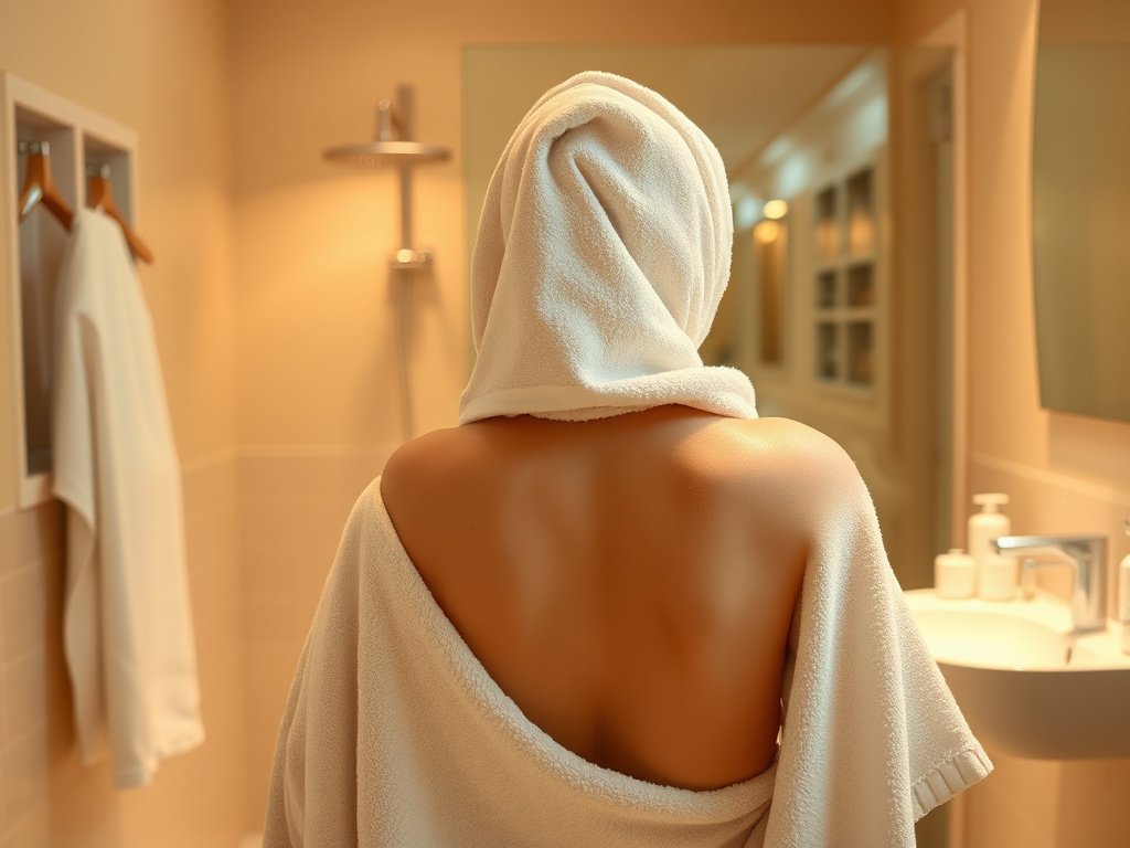 a clean and well-lit bathroom with a warm color palette, showing a person wrapped in a soft towel after a shower