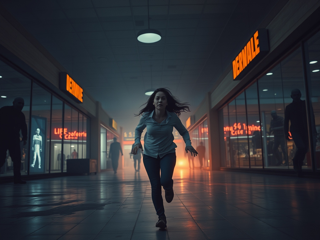 A dramatic scene of a woman running through a dark, abandoned shopping mall, illuminated by emergency lights, with zombie silhouettes in the background