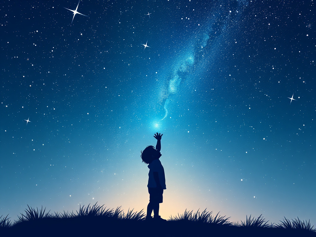A silhouette of a child looking up at a starry sky, representing dreams and future possibilities, corporate illustration style