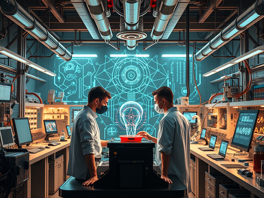 a futuristic laboratory with scientists working on advanced AI technologies, emphasizing innovation