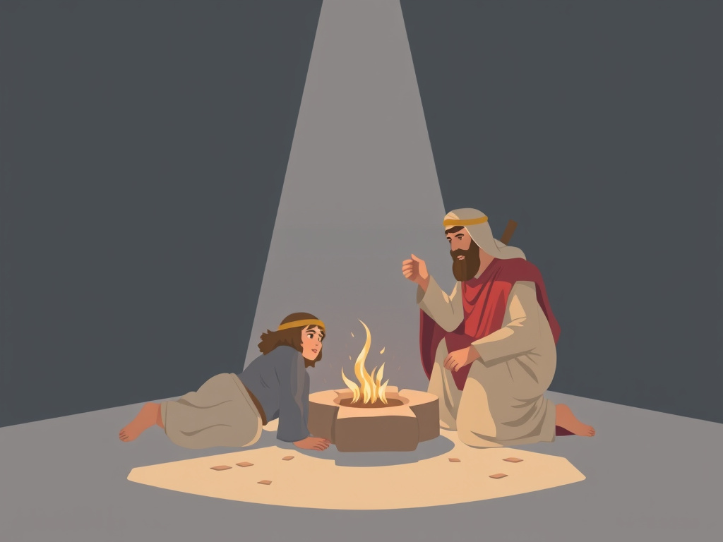 Illustration of Abraham preparing to sacrifice Isaac, rendered in a muted, professional color palette with a minimalist style