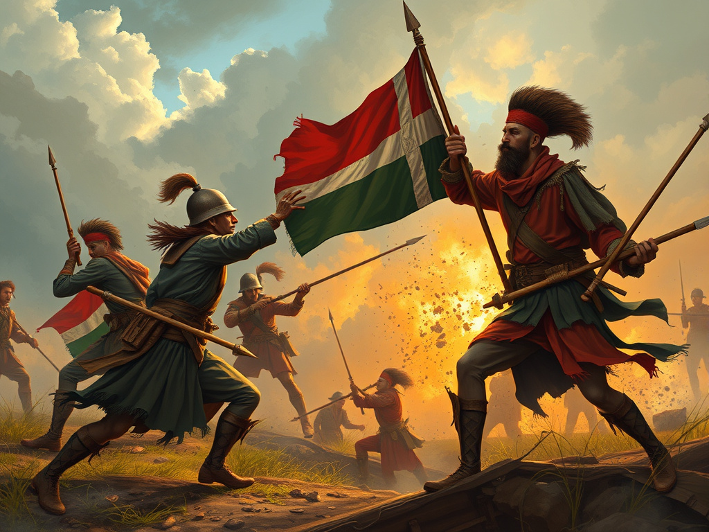 a dramatic illustration of Sundanese warriors fighting against Dutch colonial soldiers, corporate style