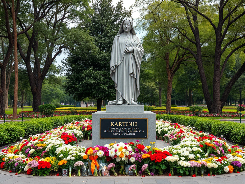 a memorial statue of Kartini in a park, surrounded by flowers, respectful atmosphere, corporate style