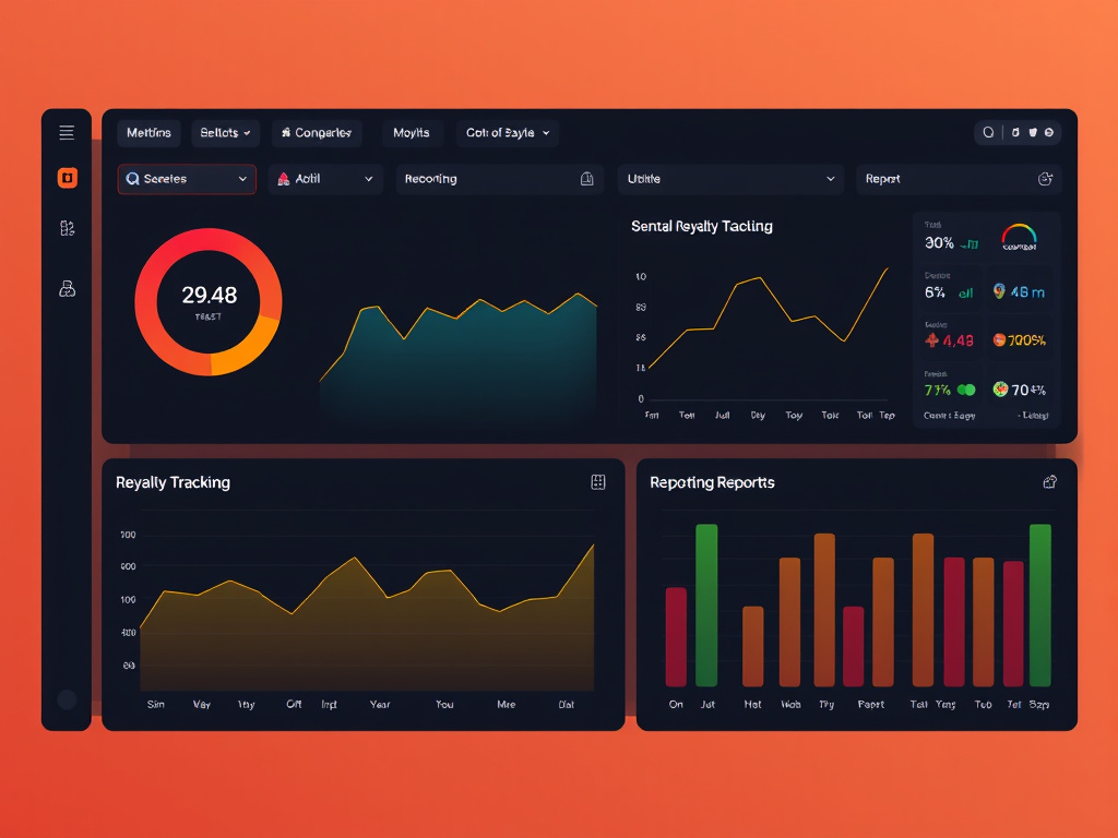 a digital dashboard displaying royalty tracking and reporting metrics