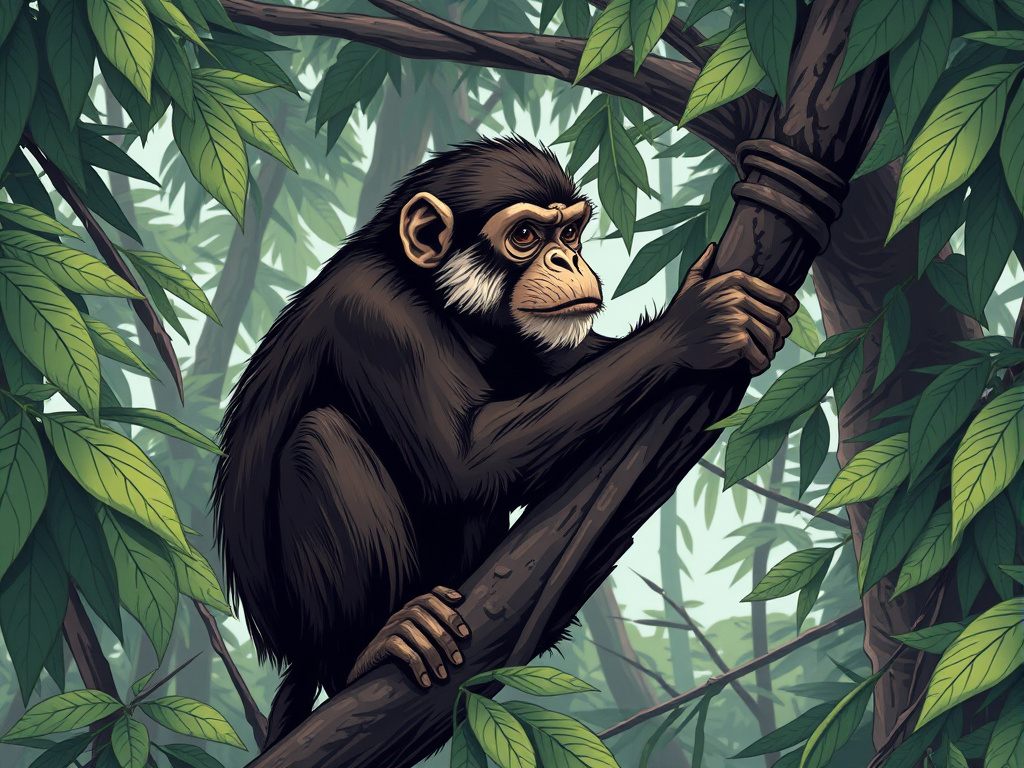 a detailed illustration of a monkey skillfully maneuvering through a dense forest canopy, focused and alert, corporate design