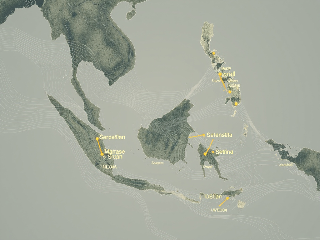abstract representation of migration patterns across Southeast Asia, using flowing lines and muted colors