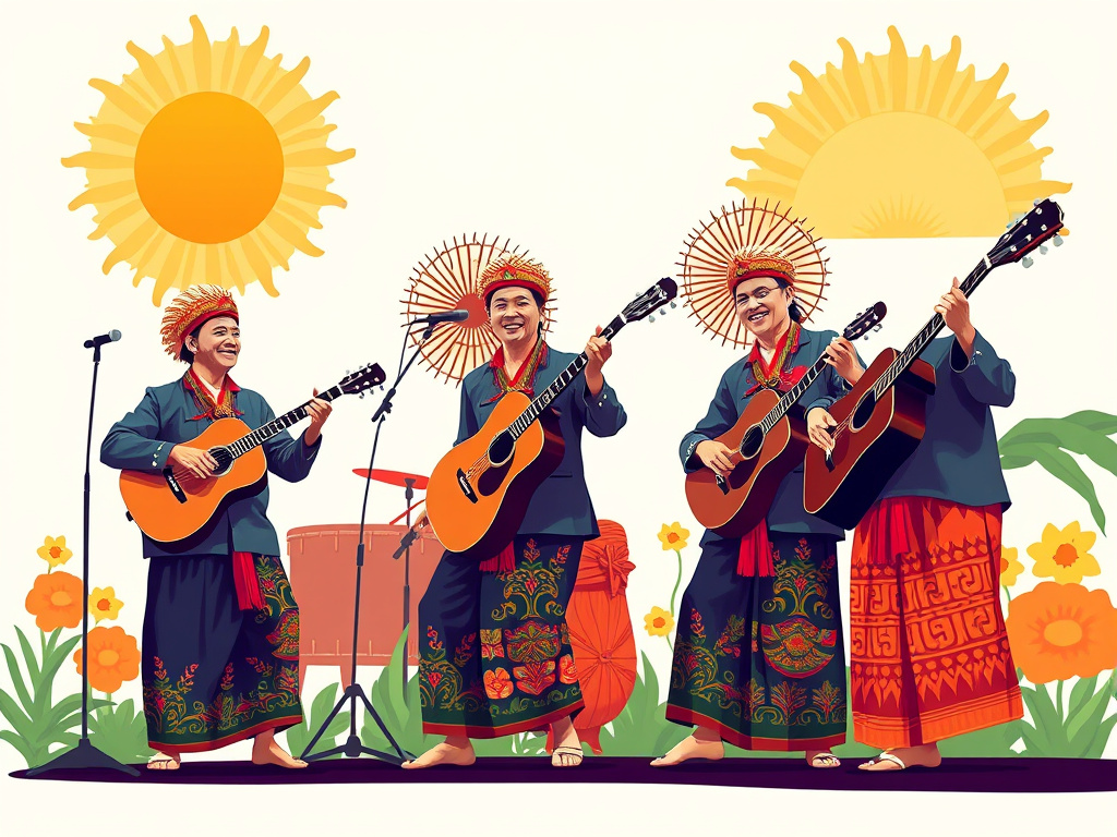 a vibrant illustration of Sundanese artists performing traditional music and dance, corporate style