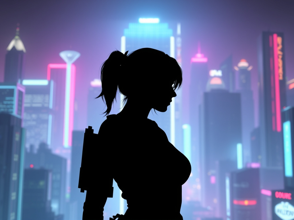 A futuristic silhouette of a woman standing against a neon-lit cityscape, hinting at a potential return in a new Resident Evil installment